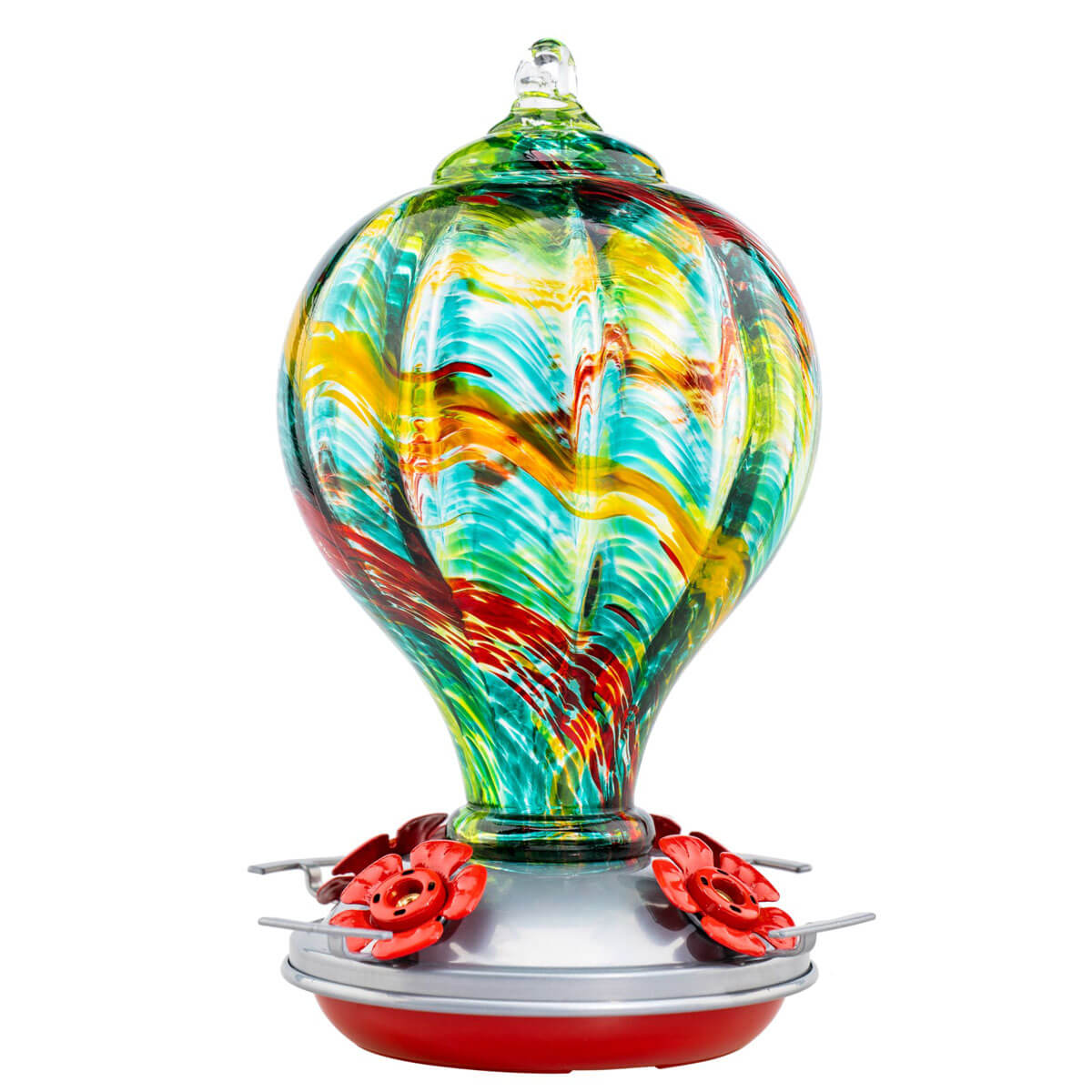 Muse Garden Hummingbird Feeder for Outdoors, Hand Blown Glass, 32 Ounces, Rainbow Spirit