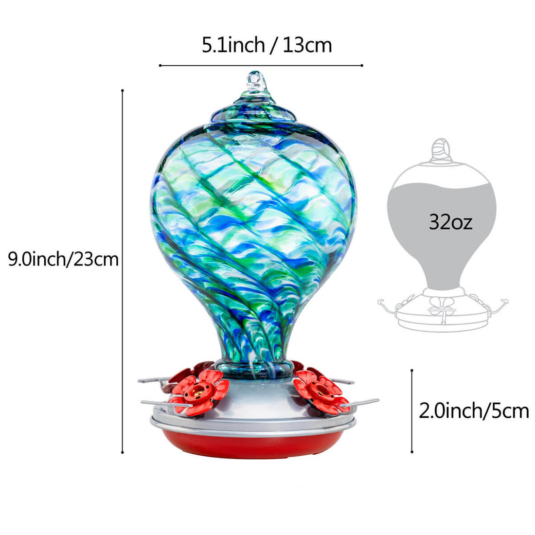 Muse Garden Glass Hot Air Balloon Hummingbird Feeder, Blue Moonstone