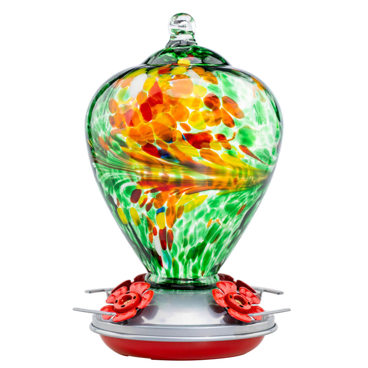 Muse Garden Hand Blown Glass Hummingbird Feeder  - 34 Ounces - Peacock