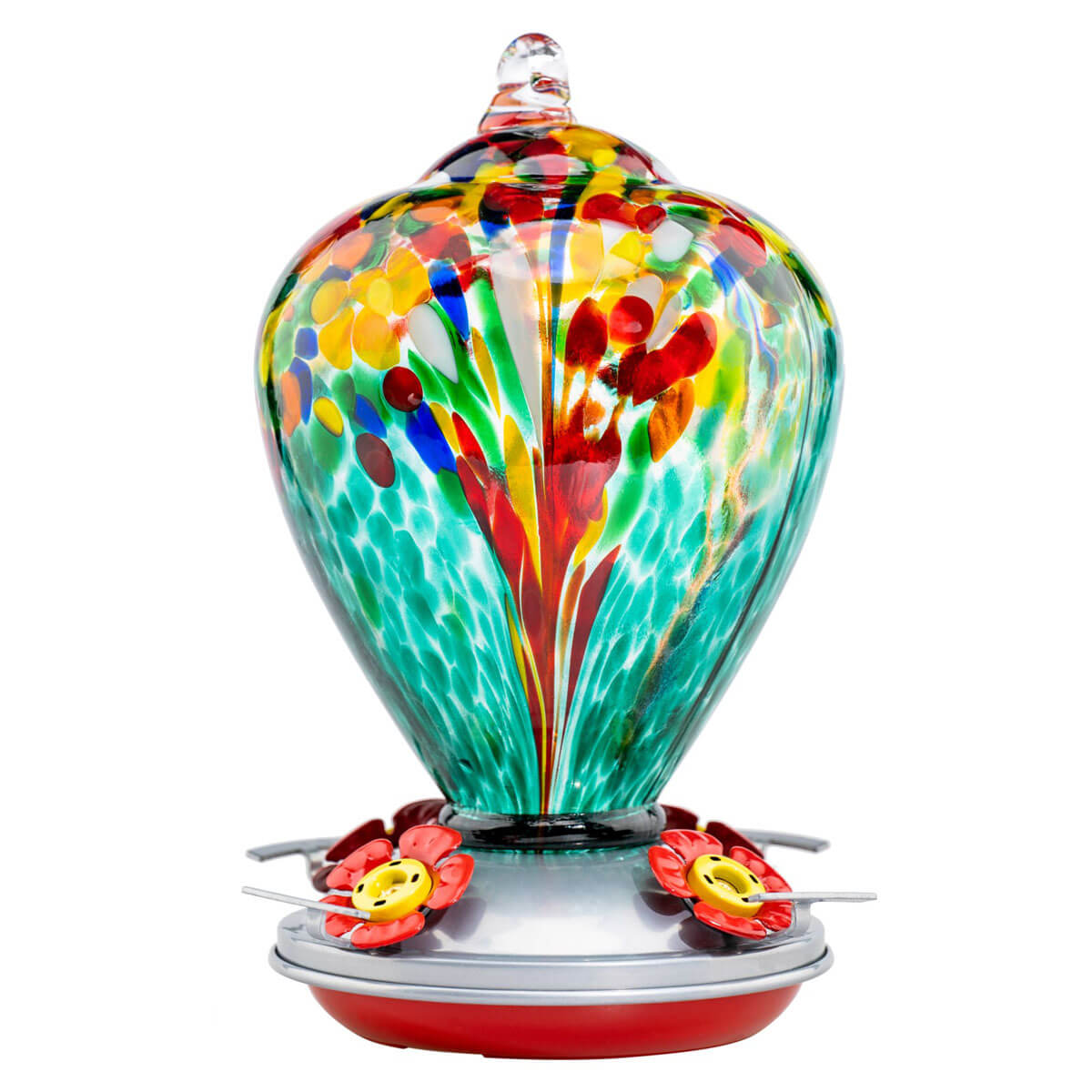 Muse Garden Hand Blown Glass Hummingbird Feeder, 34 Ounces, Turquoise Fireworks