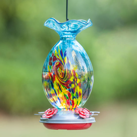 Muse Garden Hand Blown Glass Hummingbird Feeder, 32 Ounces, Blue Swirl