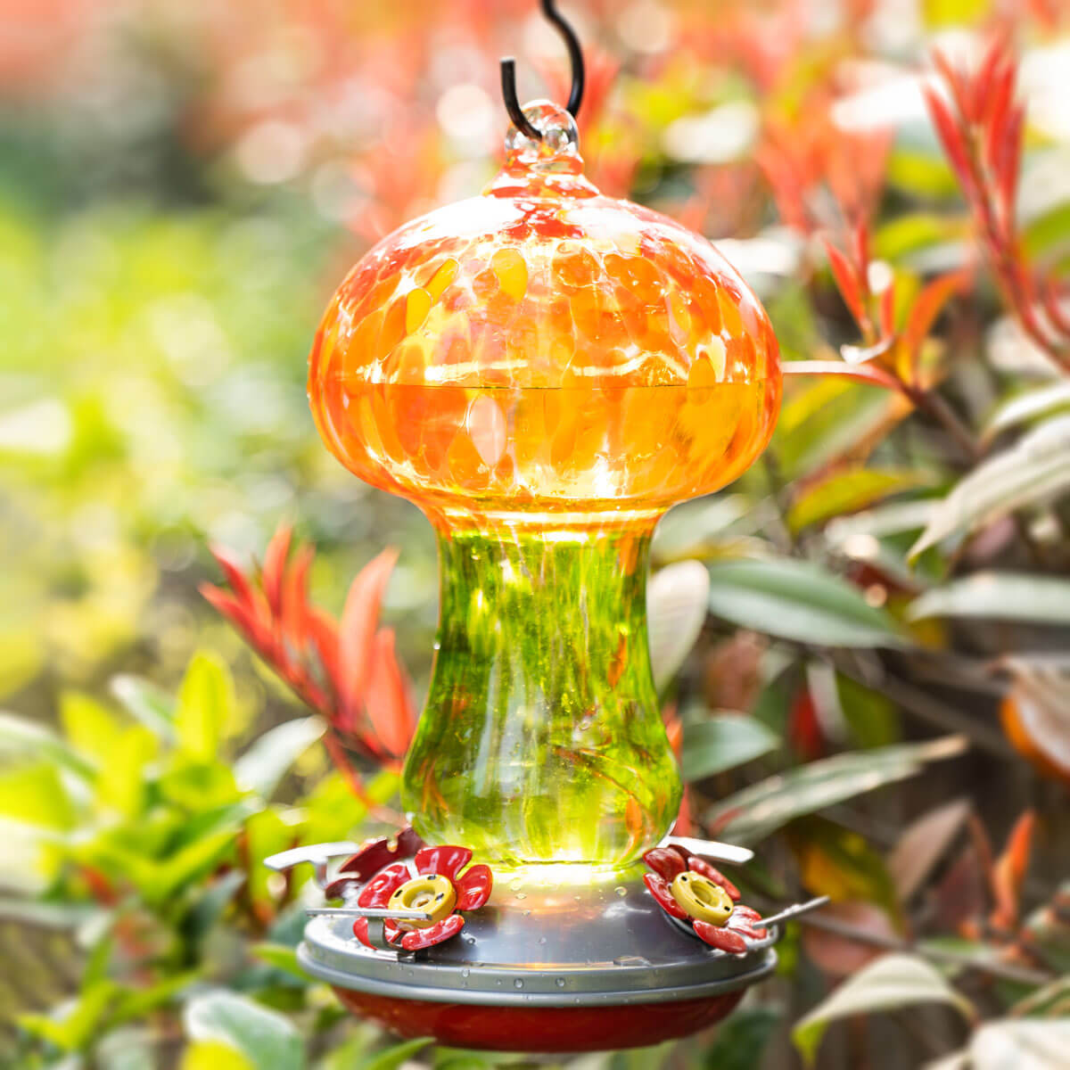 Muse Garden Hand Blown Glass Hummingbird Feeder, 28 Ounces, Blooming Calendula