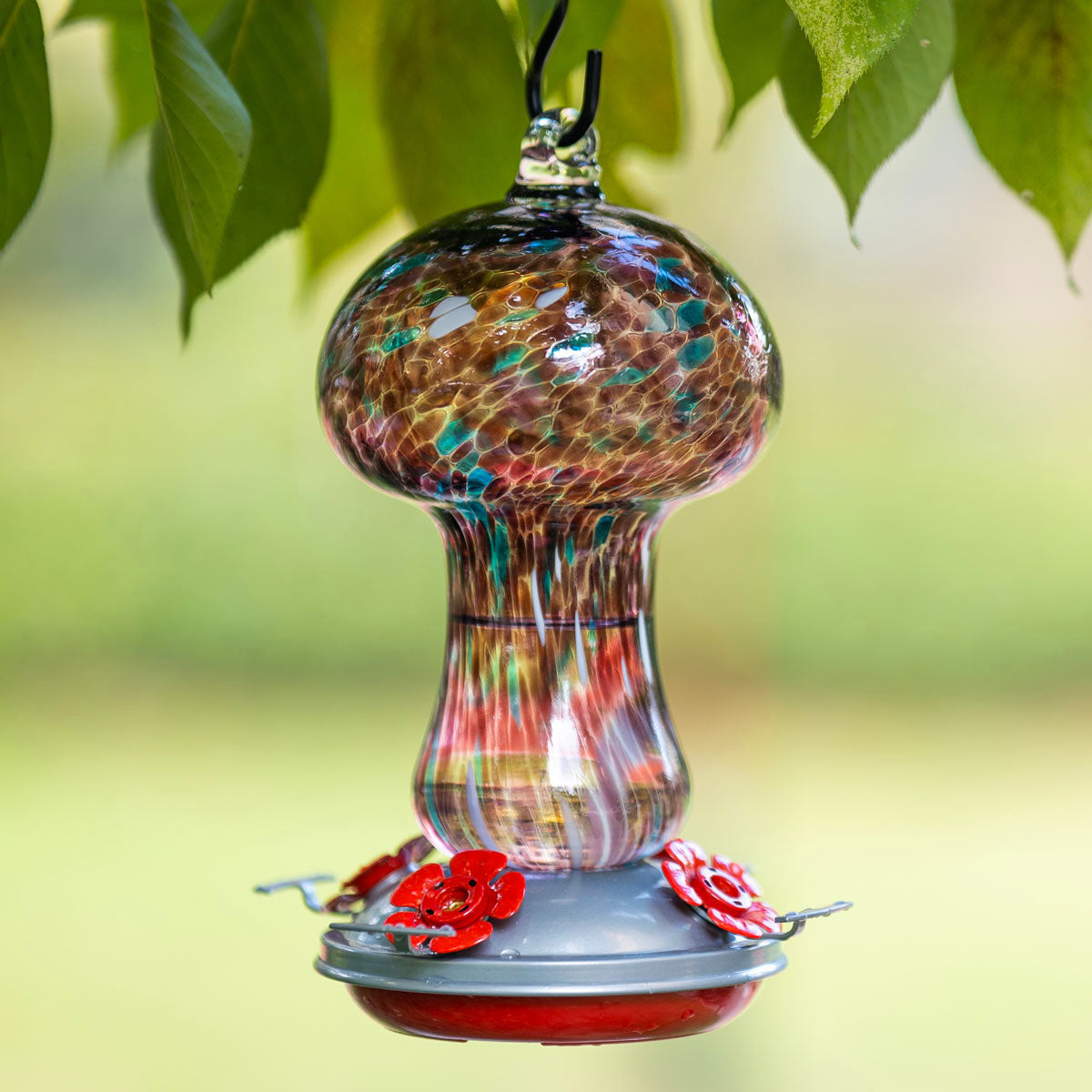 Muse Garden Hand Blown Glass Hummingbird Feeder, 28 Ounces, Purple Polka Dots