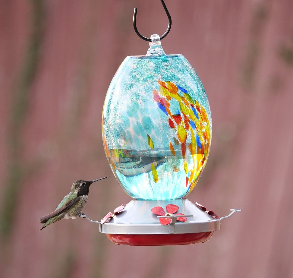 Muse Garden Hand Blown Glass Hummingbird Feeder  - 27 Ounces - Fireworks