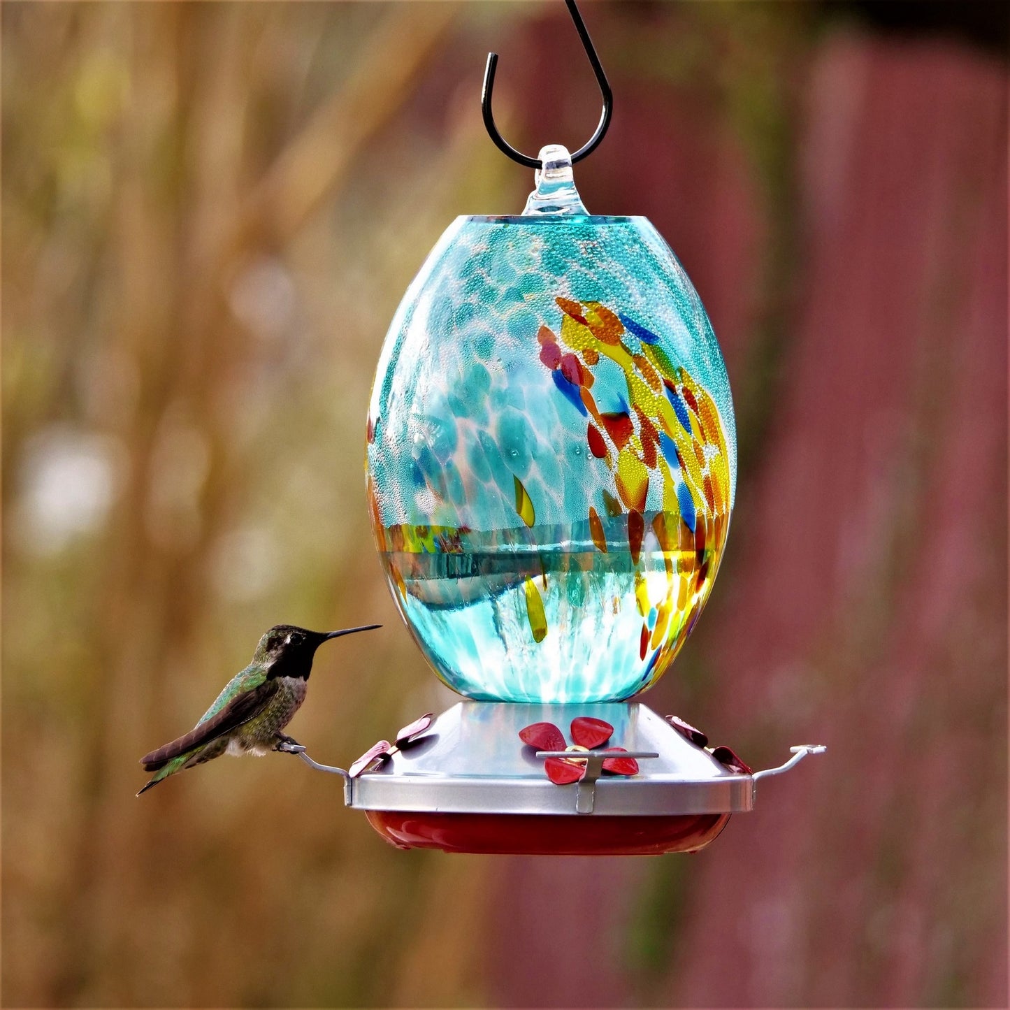 Muse Garden Hand Blown Glass Hummingbird Feeder  - 27 Ounces - Fireworks