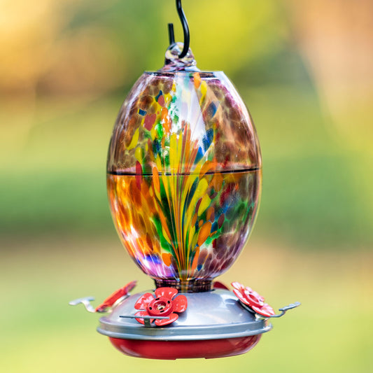 Muse Garden Hand Blown Glass Hummingbird Feeder, 27 Ounces, Purple Fireworks
