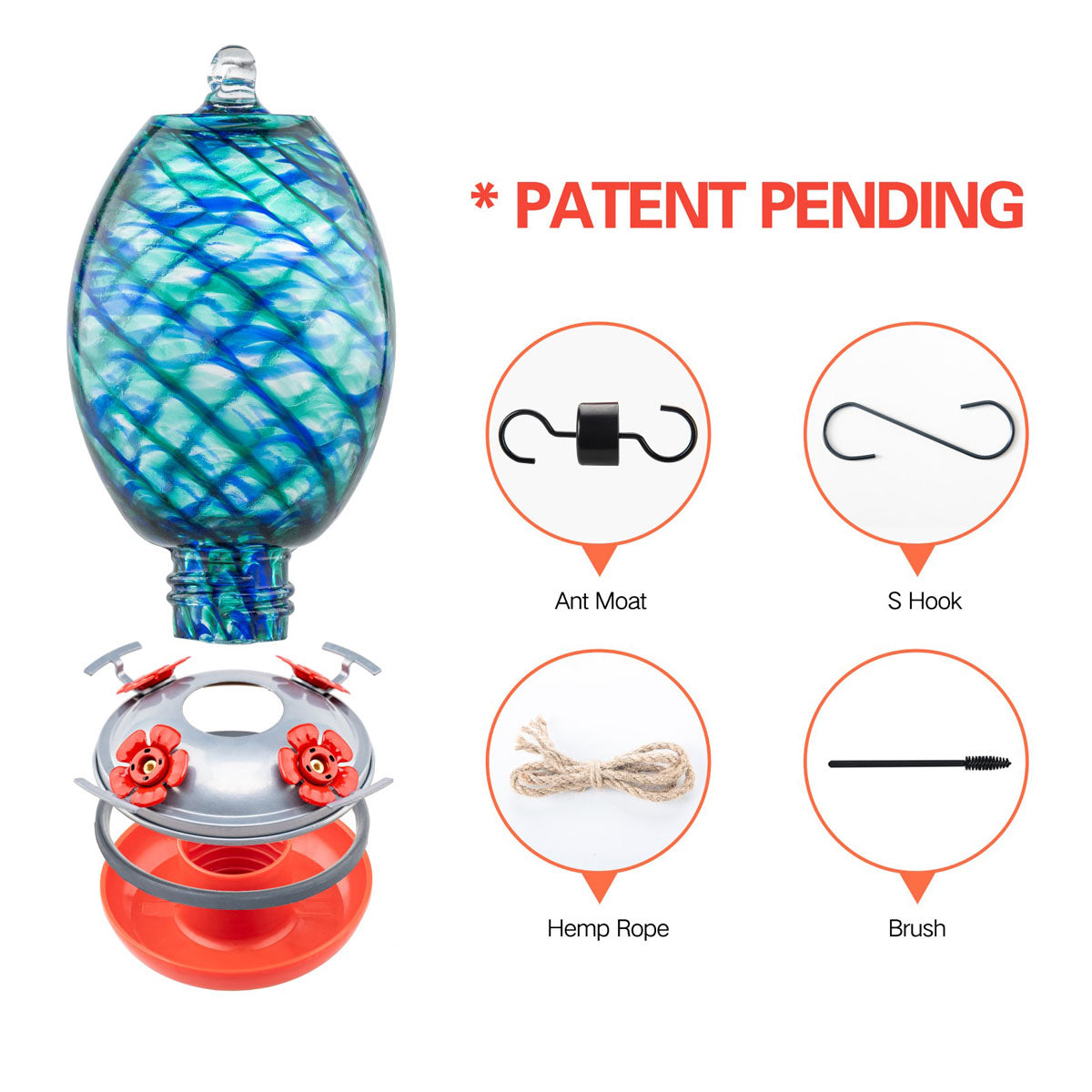 Muse Garden Hand Blown Glass Hummingbird Feeder, 27 Ounces, Blue Mermaid