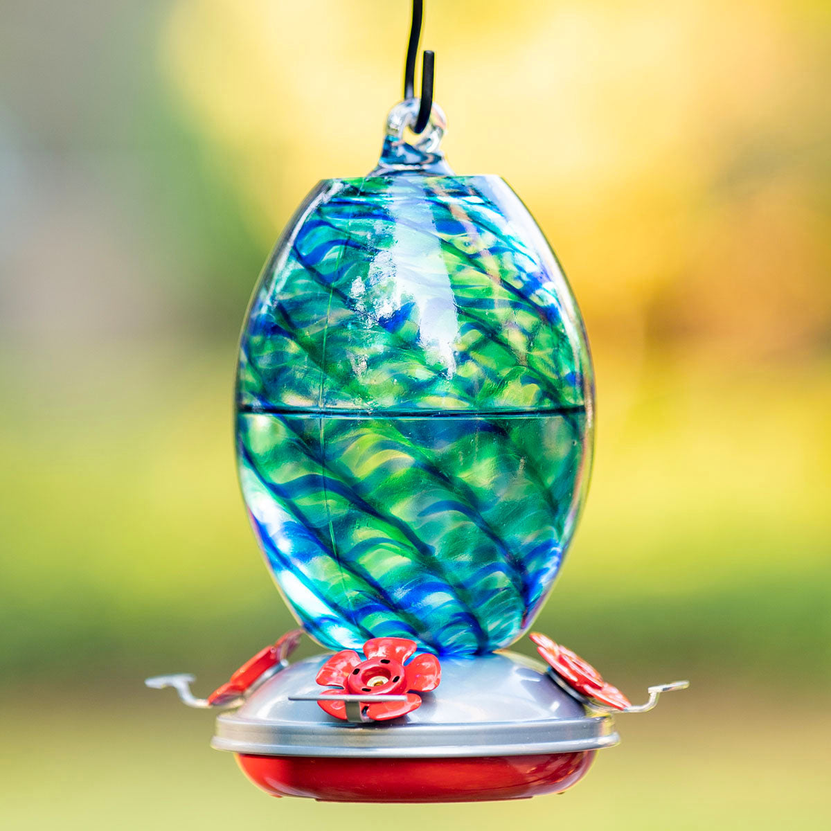 Muse Garden Hand Blown Glass Hummingbird Feeder, 27 Ounces, Blue Mermaid