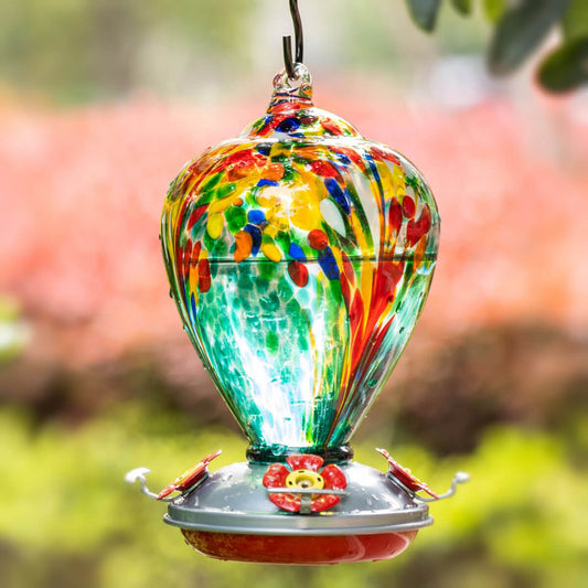 Muse Garden Hand Blown Glass Hummingbird Feeder, 34 Ounces, Turquoise Fireworks