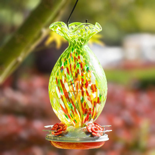 Muse Garden Hand Blown Glass Hummingbird Feeder, 32 Ounces, Green Floral