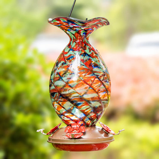 Muse Garden Hand Blown Glass Hummingbird Feeder, 32 Ounces, Fantasy