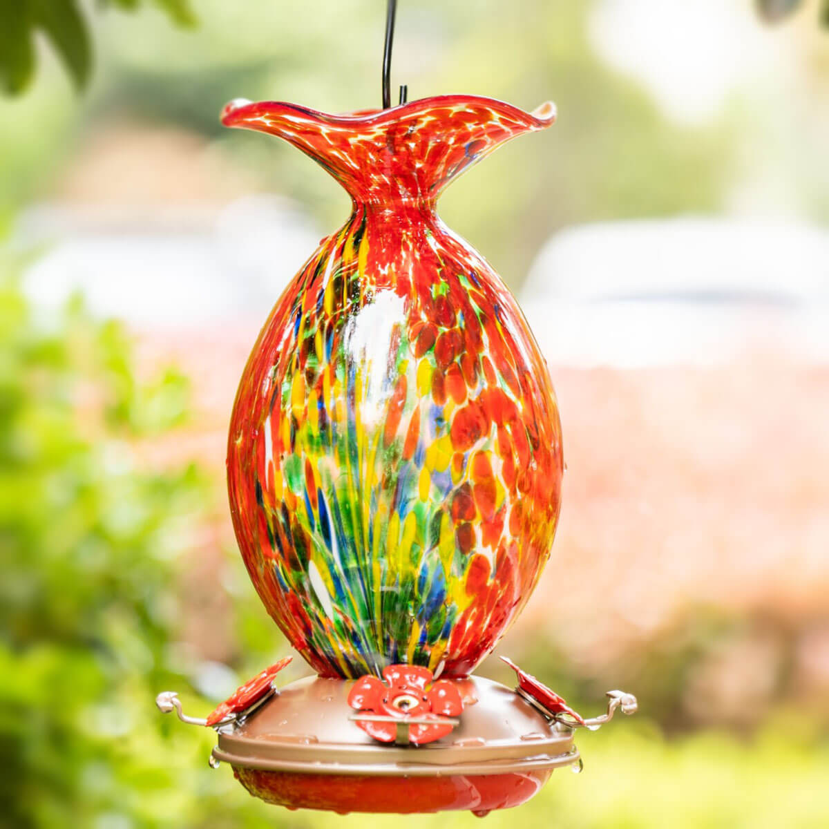 Muse Garden Hand Blown Glass Hummingbird Feeder, 32 Ounces, Red Phoenix
