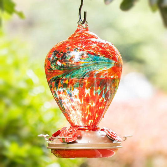 Muse Garden Hand Blown Glass Hummingbird Feeder, 34 Ounces, Phoenix Flying