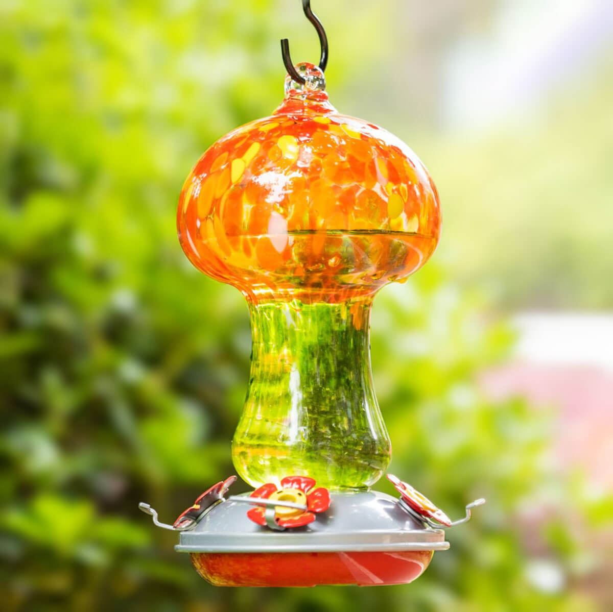 Muse Garden Hand Blown Glass Hummingbird Feeder, 28 Ounces, Blooming Calendula