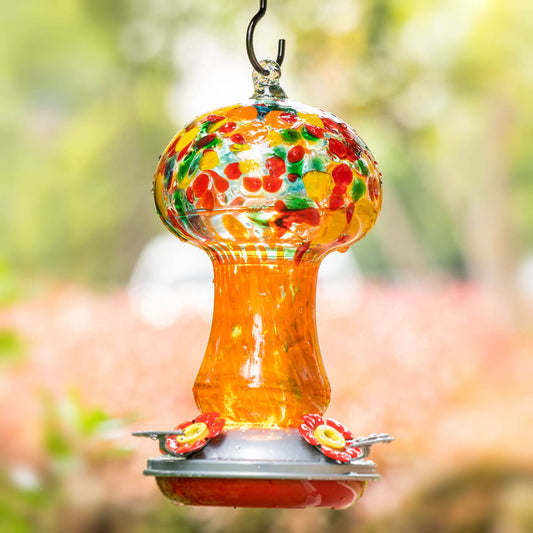 Muse Garden Hand Blown Glass Hummingbird Feeder, 28 Ounces, Fairy Garden