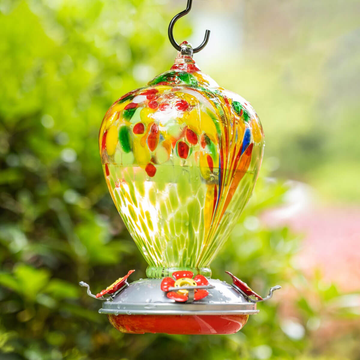 Muse Garden Hand Blown Glass Hummingbird Feeder, 34 Ounces, Green Fireworks