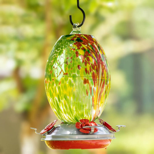 Muse Garden Hand Blown Glass Hummingbird Feeder, 27 Ounces, Green Floral