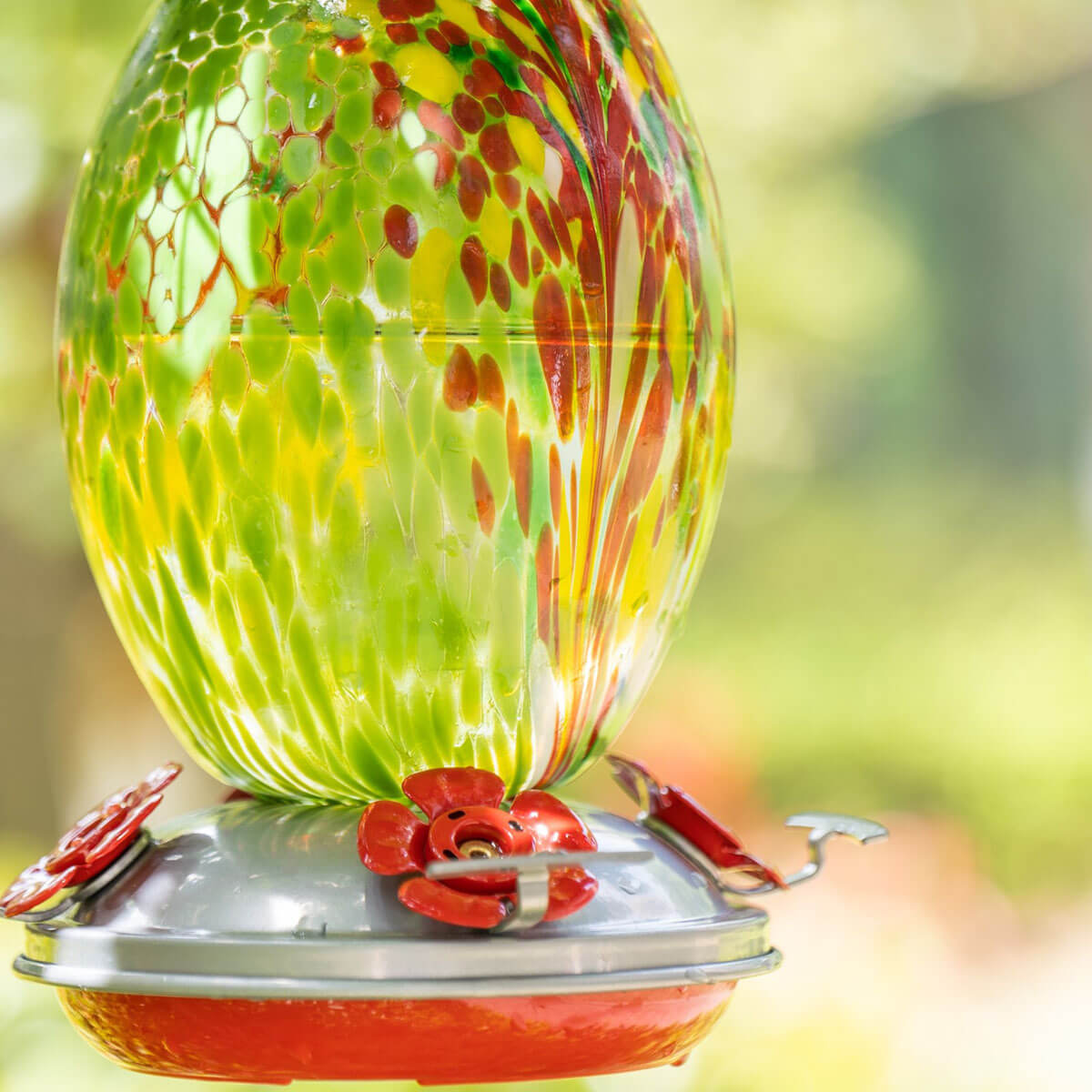 Muse Garden Hand Blown Glass Hummingbird Feeder, 27 Ounces, Green Floral