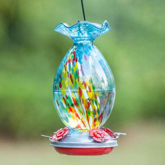 Muse Garden Hand Blown Glass Hummingbird Feeder, 32 Ounces, Blue Fireworks
