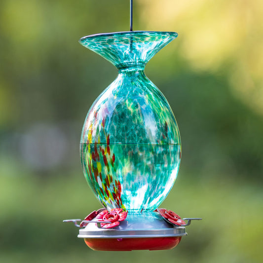 Muse Garden Hand Blown Glass Hummingbird Feeder, 32 Ounces, Emerald Peacock