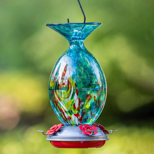 Muse Garden Hand Blown Glass Hummingbird Feeder, 32 Ounces, Blue Swirl