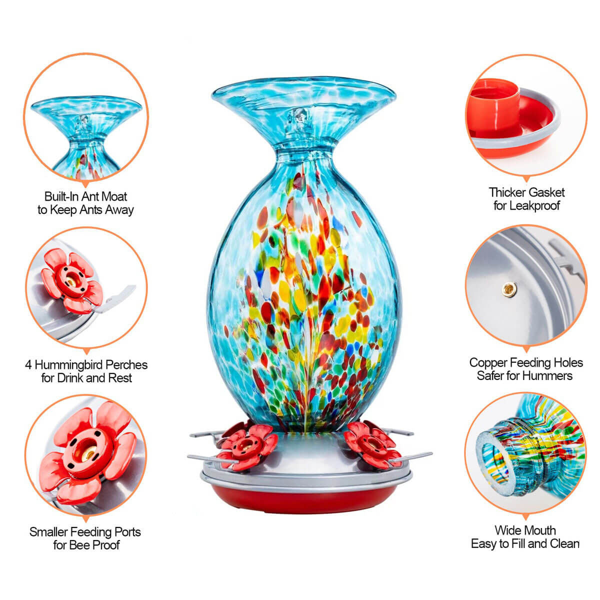 Muse Garden Hand Blown Glass Hummingbird Feeder, 32 Ounces, Blue Fireworks