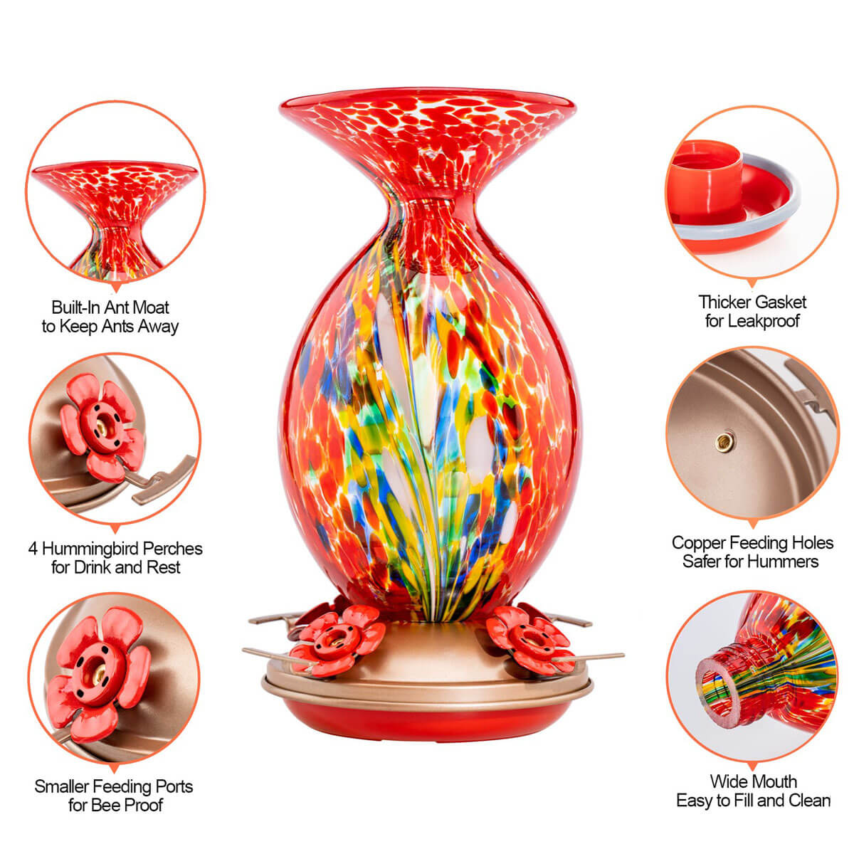 Muse Garden Hand Blown Glass Hummingbird Feeder, 32 Ounces, Red Phoenix