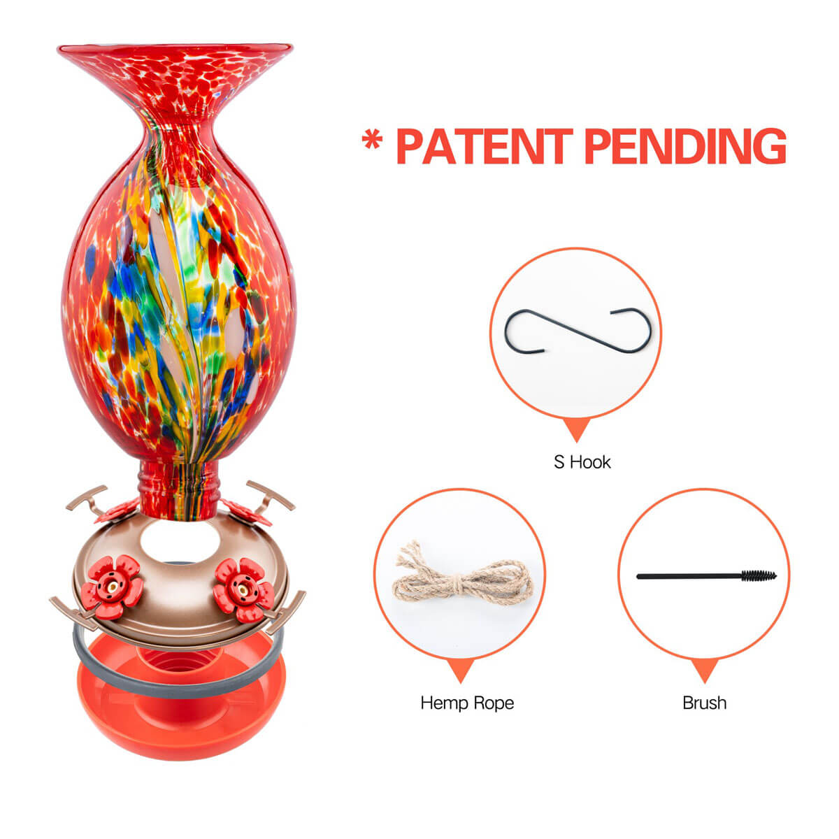 Muse Garden Hand Blown Glass Hummingbird Feeder, 32 Ounces, Red Phoenix