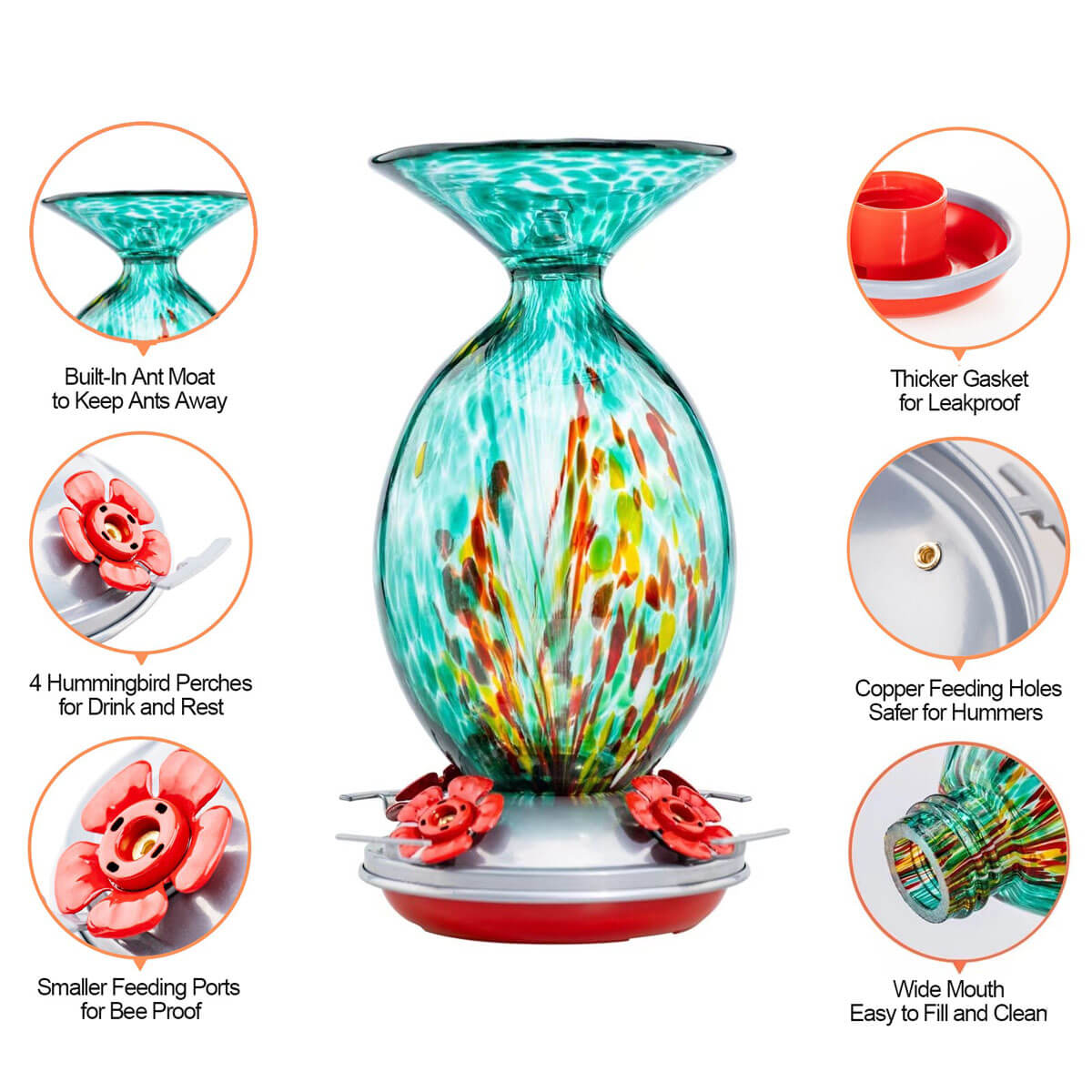 Muse Garden Hand Blown Glass Hummingbird Feeder, 32 Ounces, Emerald Peacock