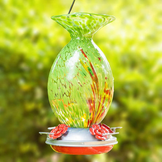 Muse Garden Hand Blown Glass Hummingbird Feeder, 32 Ounces, Green Floral