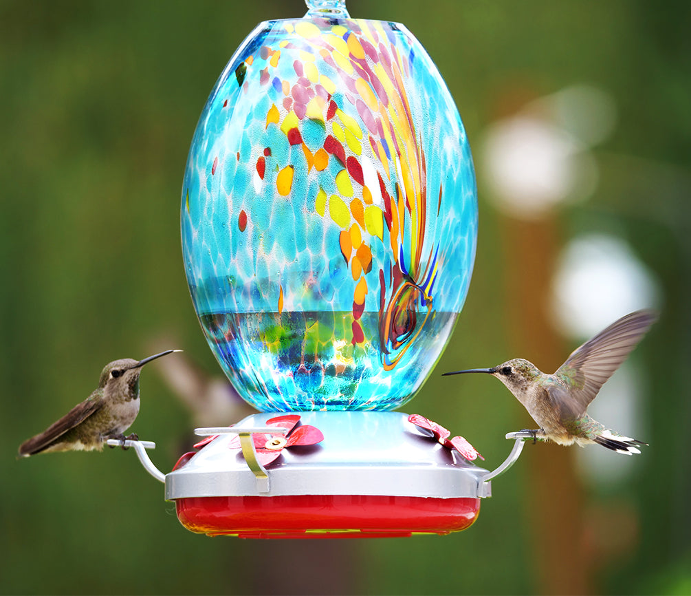 Muse Garden Hand Blown Glass Hummingbird Feeder  - 27 Ounces - Fireworks