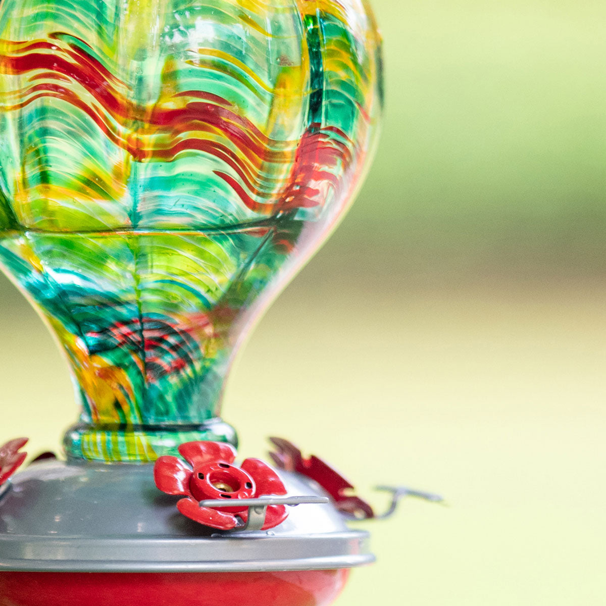 Muse Garden Hummingbird Feeder for Outdoors, Hand Blown Glass, 32 Ounces, Rainbow Spirit