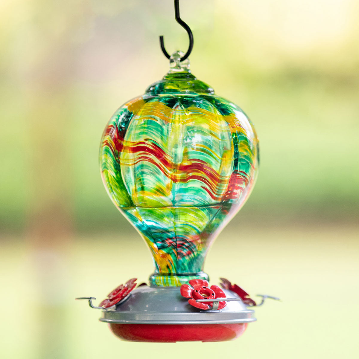 Muse Garden Hummingbird Feeder for Outdoors, Hand Blown Glass, 32 Ounces, Rainbow Spirit