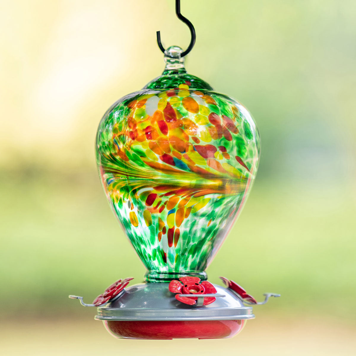 Muse Garden Hand Blown Glass Hummingbird Feeder  - 34 Ounces - Peacock