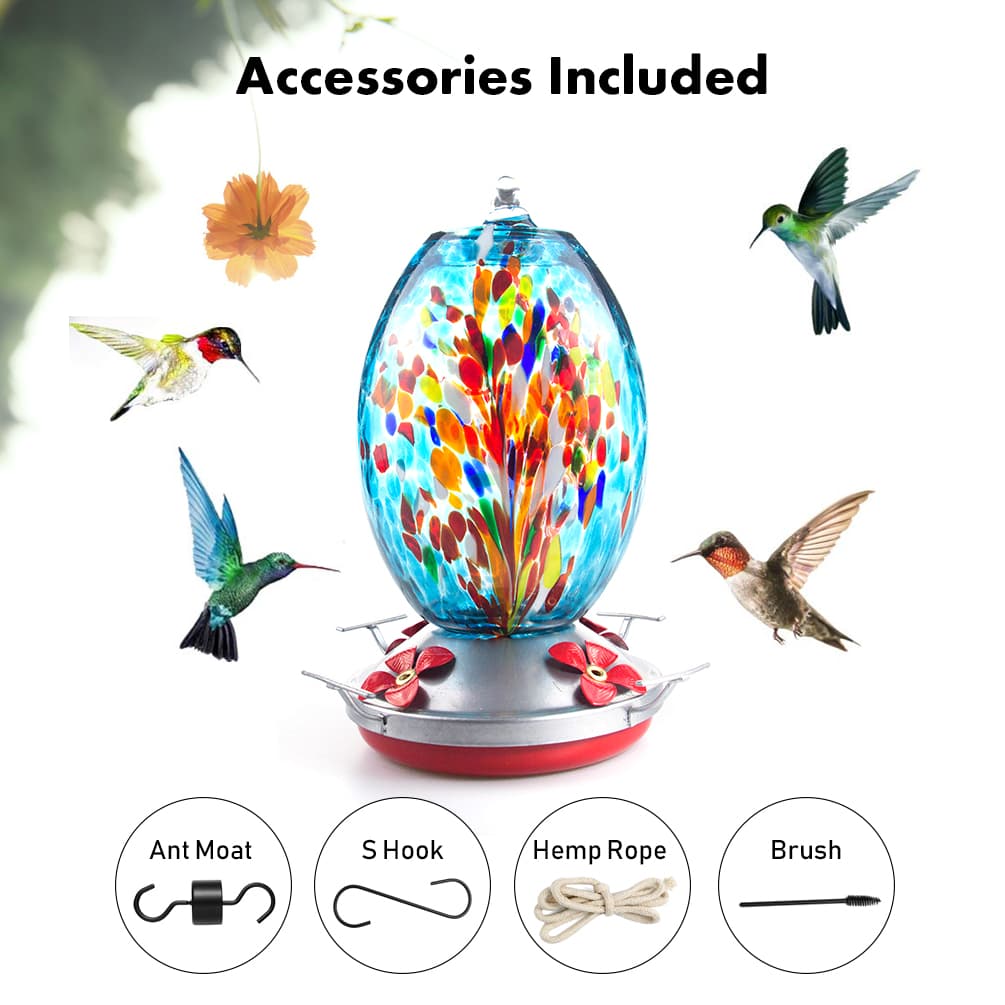 Muse Garden Hand Blown Glass Hummingbird Feeder  - 25 Ounces - Fireworks - MuseGarden