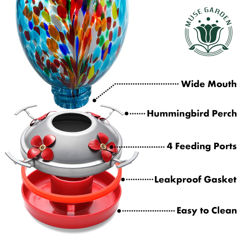 Muse Garden Hand Blown Glass Hummingbird Feeder  - 25 Ounces - Fireworks - MuseGarden