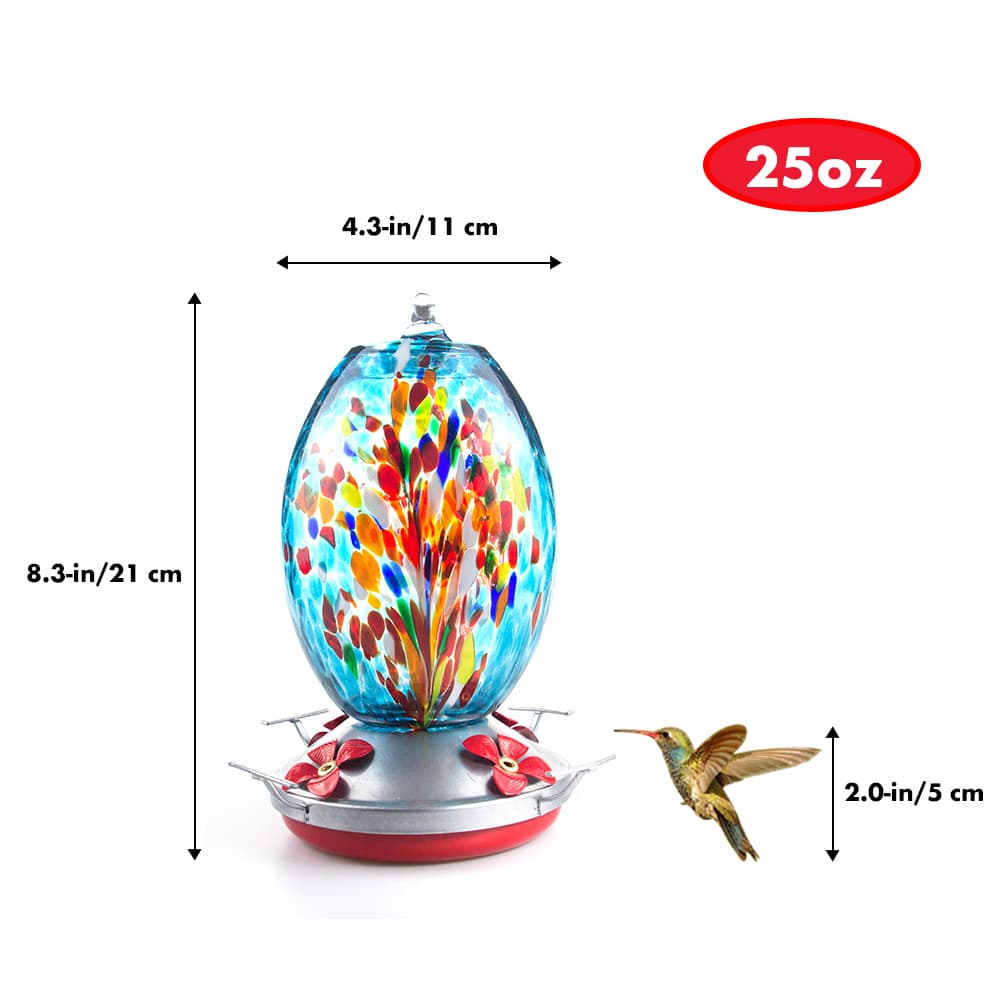 Muse Garden Hand Blown Glass Hummingbird Feeder  - 25 Ounces - Fireworks - MuseGarden
